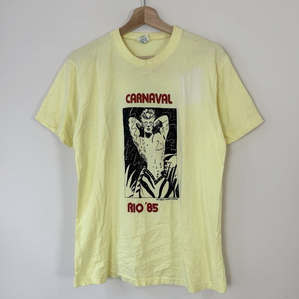 Vintage 80's Carnaval Islanders Company Rio 1985 Art Merman Yellow Tee Shirt - M
